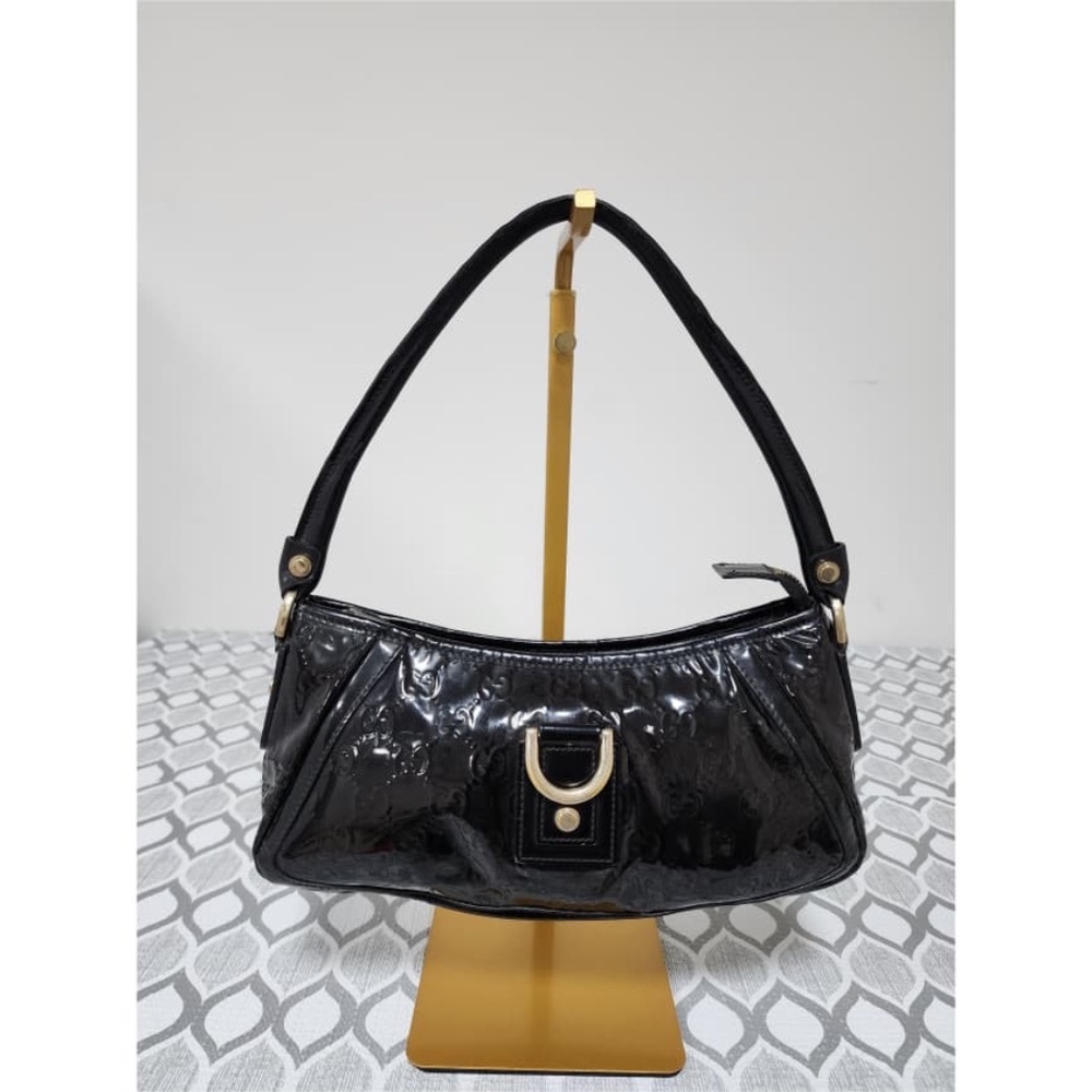 Authentic Gucci Abbey D-Ring Patent Leather Shoulder Bag Black